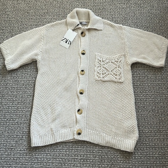 New Zara Men Cream Crochet Knit Top Shirt Men M Buttons - Picture 6 of 7